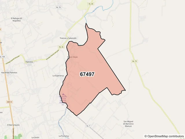 Mapa del código postal 67497, Cadereyta Jiménez, Nuevo León