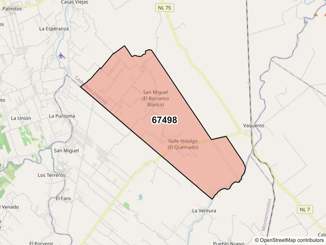 Mapa del código postal 67498, Cadereyta Jiménez, Nuevo León