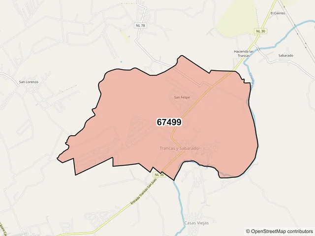 Mapa del código postal 67499, Cadereyta Jiménez, Nuevo León