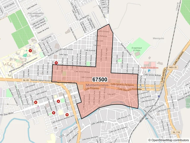Mapa del código postal 67500, Montemorelos, Nuevo León