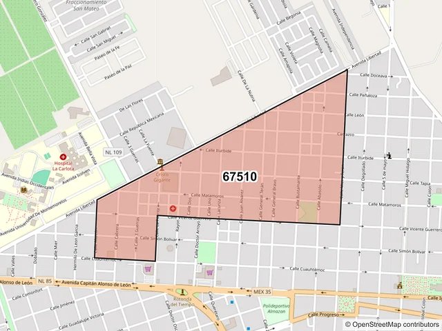 Mapa del código postal 67510, Montemorelos, Nuevo León
