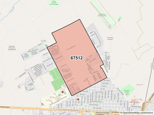 Mapa del código postal 67512, Montemorelos, Nuevo León