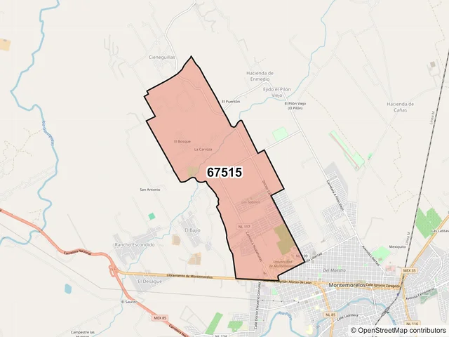 Mapa del código postal 67515, Montemorelos, Nuevo León