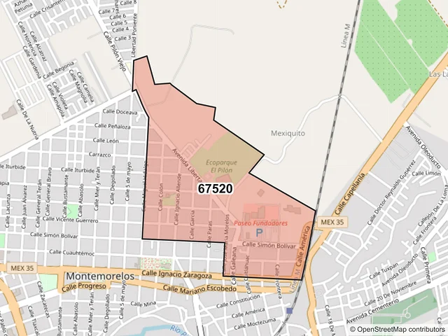 Mapa del código postal 67520, Montemorelos, Nuevo León