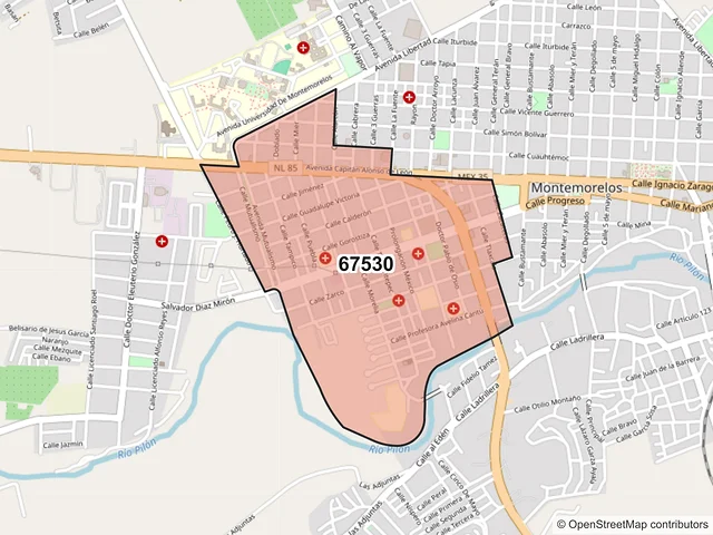 Mapa del código postal 67530, Montemorelos, Nuevo León