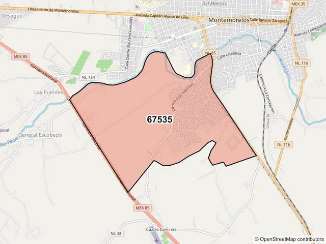 Mapa del código postal 67535, Montemorelos, Nuevo León