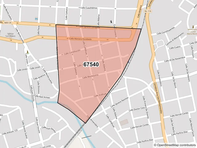 Mapa del código postal 67540, Montemorelos, Nuevo León