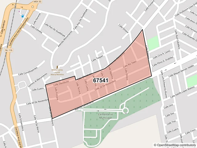 Mapa del código postal 67541, Montemorelos, Nuevo León