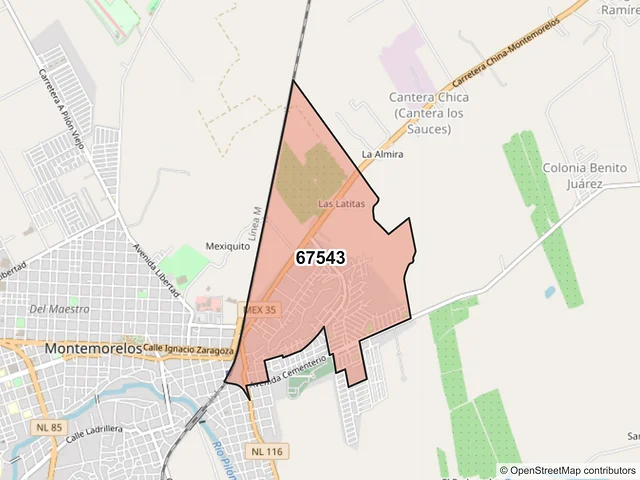 Mapa del código postal 67543, Montemorelos, Nuevo León