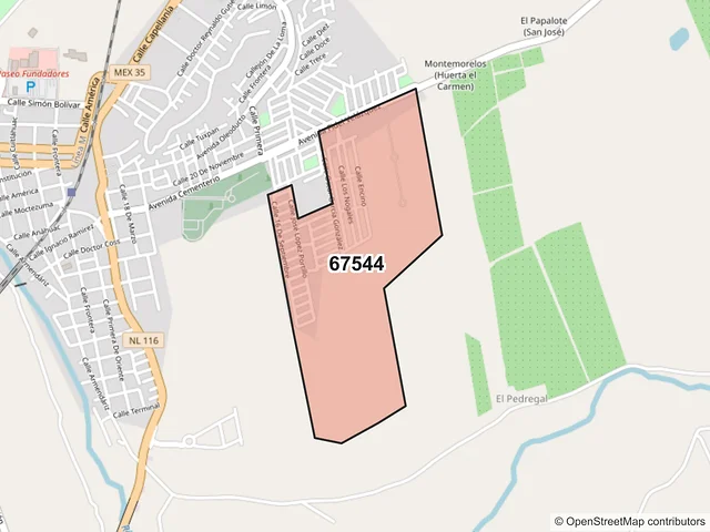 Mapa del código postal 67544, Montemorelos, Nuevo León