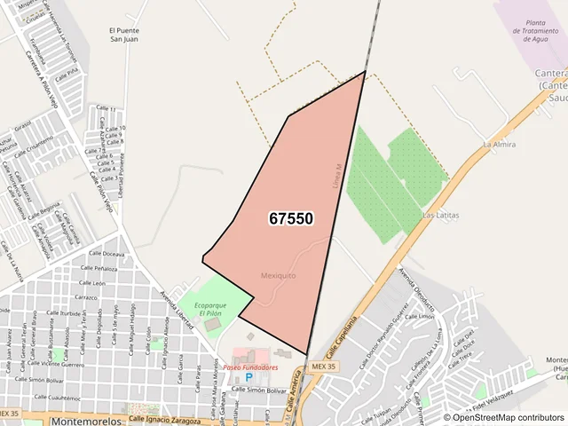 Mapa del código postal 67550, Montemorelos, Nuevo León