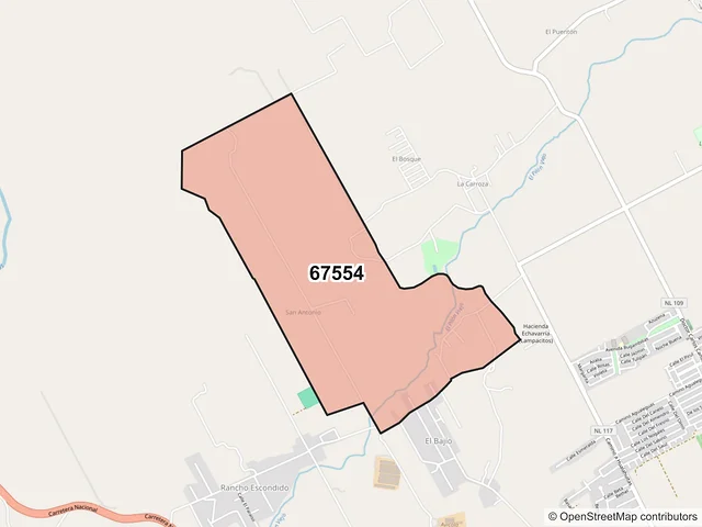 Mapa del código postal 67554, Montemorelos, Nuevo León