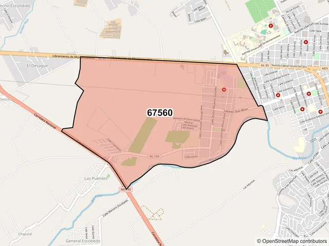 Mapa del código postal 67560, Montemorelos, Nuevo León