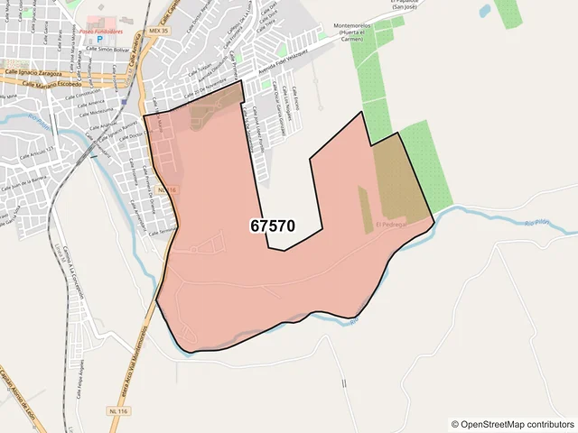 Mapa del código postal 67570, Montemorelos, Nuevo León