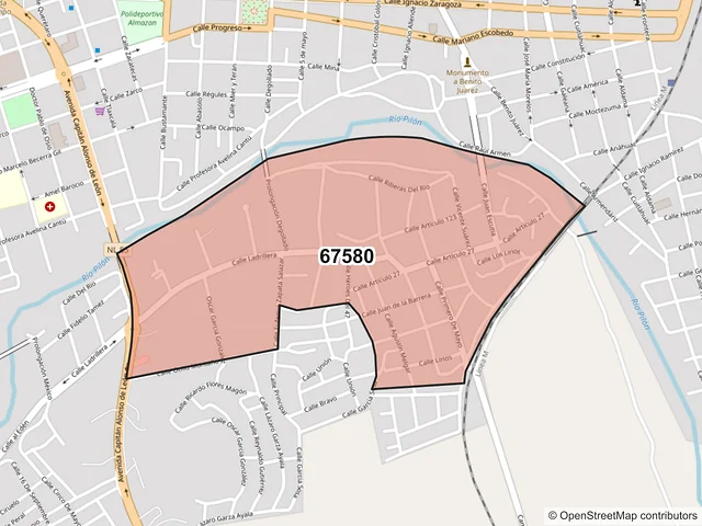 Mapa del código postal 67580, Montemorelos, Nuevo León