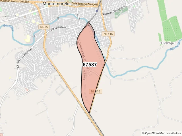 Mapa del código postal 67587, Montemorelos, Nuevo León