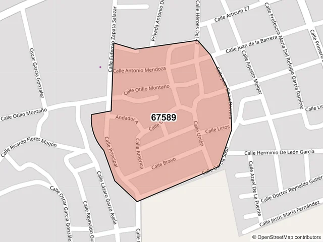 Mapa del código postal 67589, Montemorelos, Nuevo León