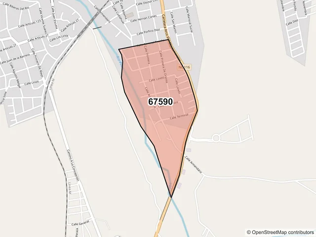 Mapa del código postal 67590, Montemorelos, Nuevo León