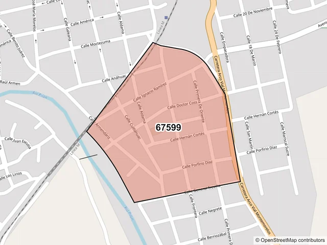 Mapa del código postal 67599, Montemorelos, Nuevo León