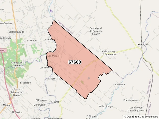 Mapa del código postal 67600, Montemorelos, Nuevo León