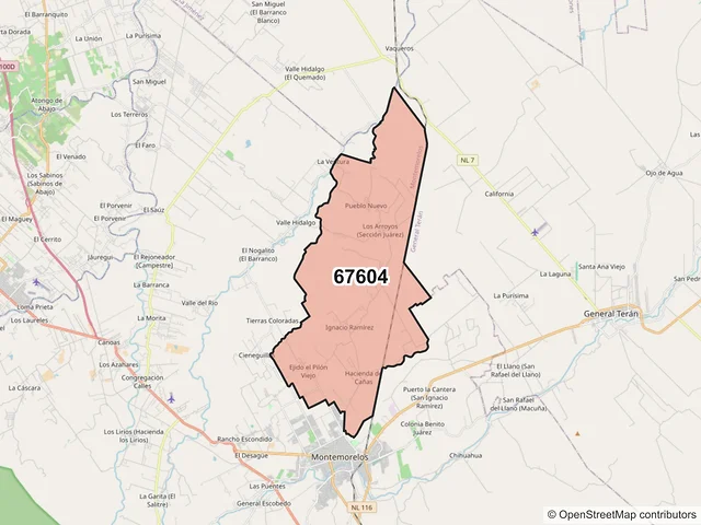 Mapa del código postal 67604, Montemorelos, Nuevo León