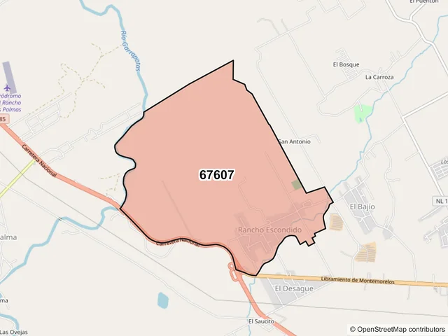 Mapa del código postal 67607, Montemorelos, Nuevo León