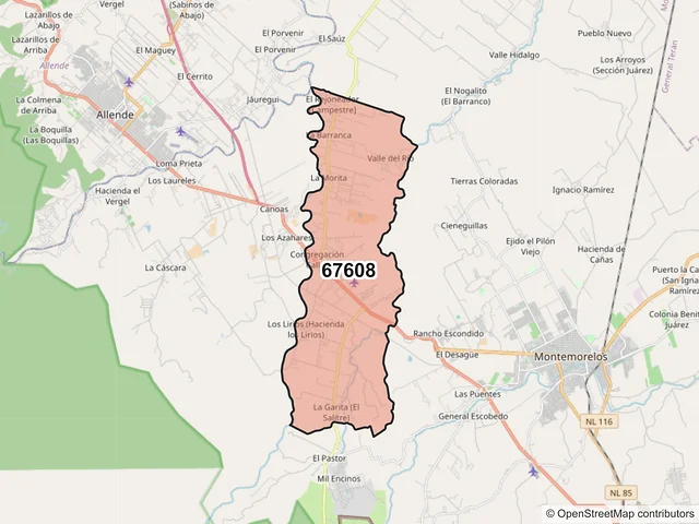Mapa del código postal 67608, Montemorelos, Nuevo León