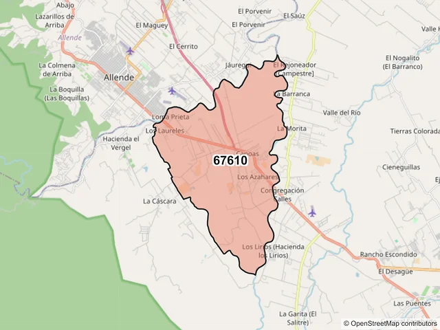 Mapa del código postal 67610, Montemorelos, Nuevo León