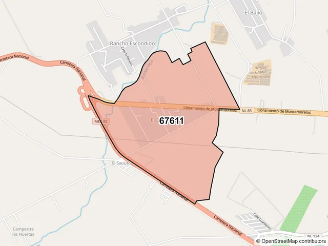 Mapa del código postal 67611, Montemorelos, Nuevo León