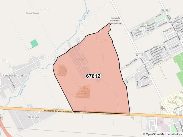 Mapa del código postal 67612, Montemorelos, Nuevo León