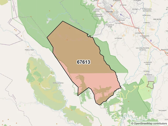 Mapa del código postal 67613, Montemorelos, Nuevo León