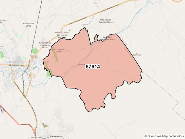 Mapa del código postal 67614, Montemorelos, Nuevo León