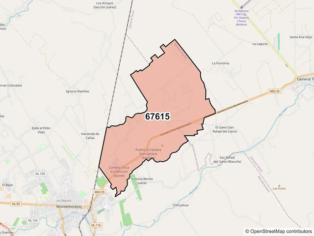 Mapa del código postal 67615, Montemorelos, Nuevo León