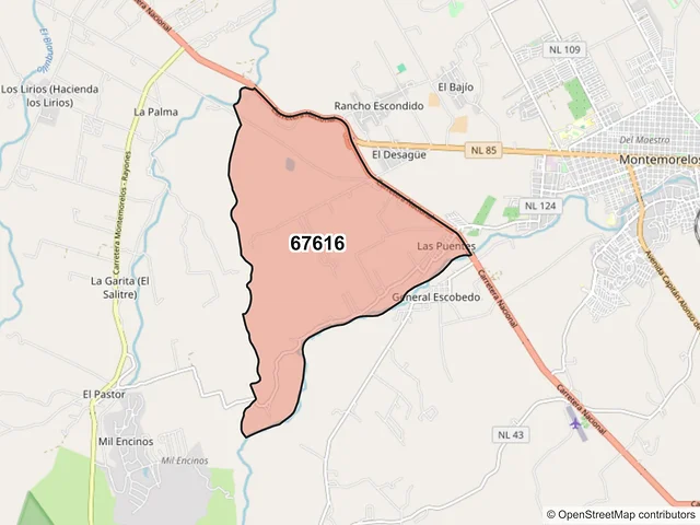 Mapa del código postal 67616, Montemorelos, Nuevo León
