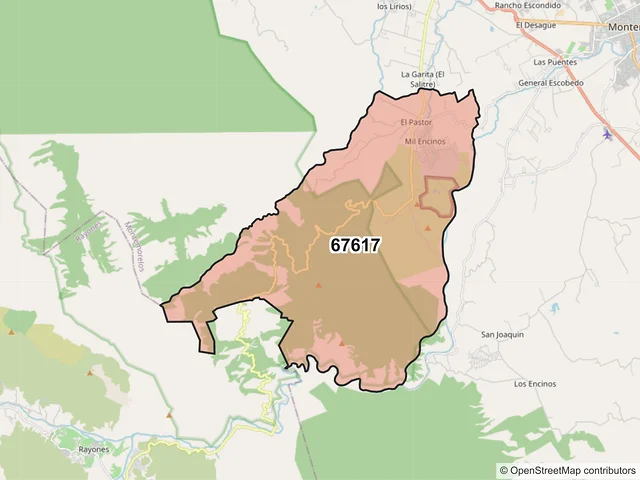 Mapa del código postal 67617, Montemorelos, Nuevo León