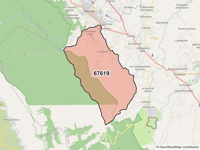 Mapa del código postal 67619, Montemorelos, Nuevo León