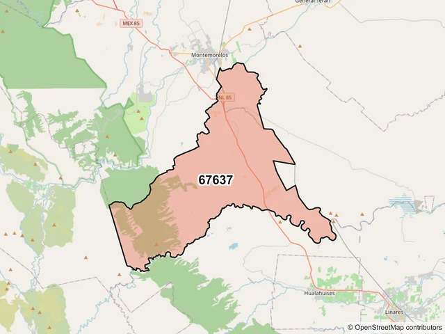 Mapa del código postal 67637, Montemorelos, Nuevo León