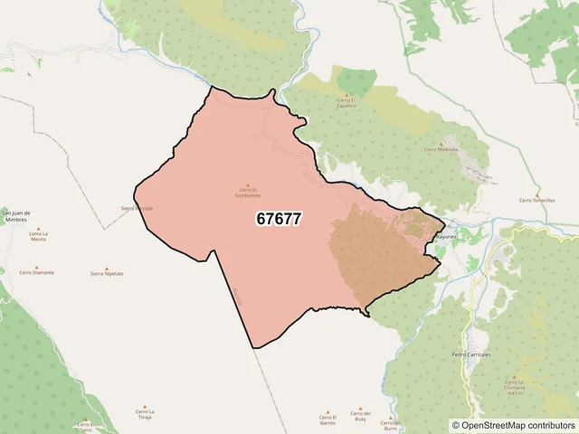Mapa del código postal 67677, Rayones, Nuevo León