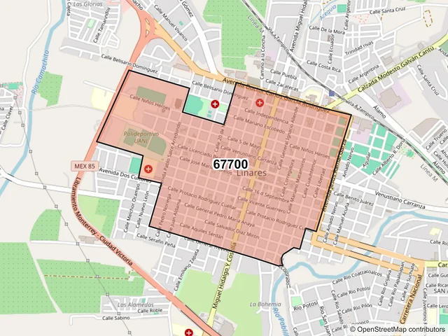 Mapa del código postal 67700, Linares, Nuevo León