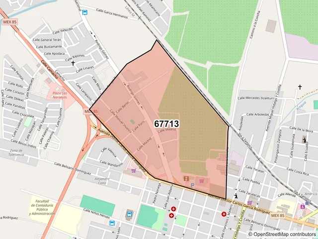 Mapa del código postal 67713, Linares, Nuevo León