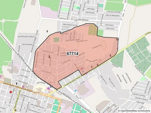 Mapa del código postal 67714, Linares, Nuevo León