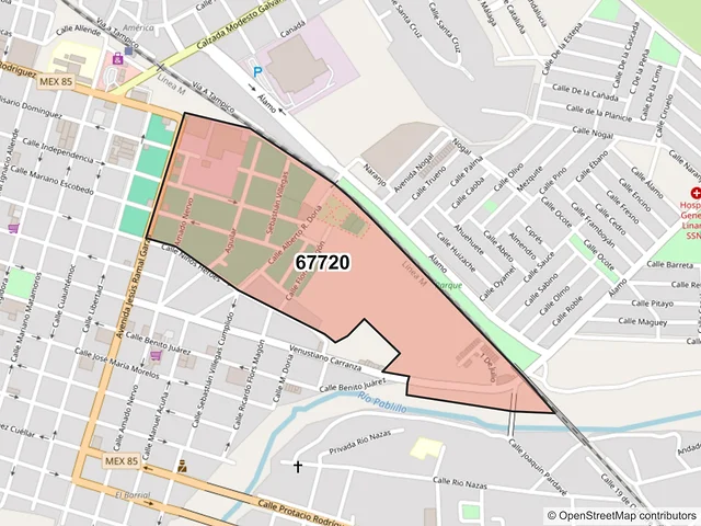Mapa del código postal 67720, Linares, Nuevo León