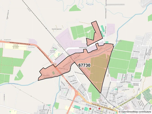 Mapa del código postal 67730, Linares, Nuevo León