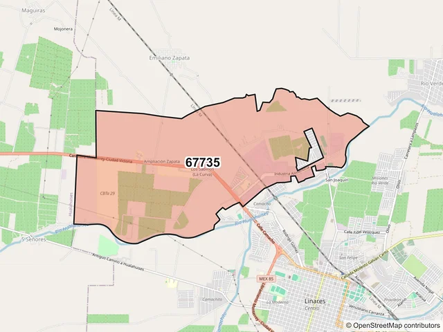 Mapa del código postal 67735, Linares, Nuevo León