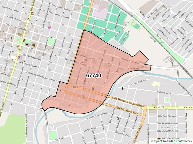 Mapa del código postal 67740, Linares, Nuevo León