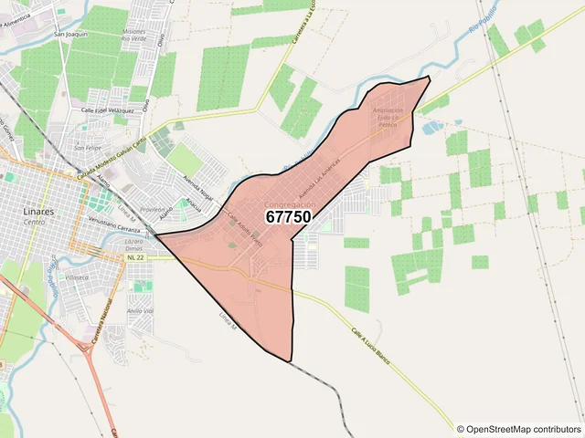 Mapa del código postal 67750, Linares, Nuevo León