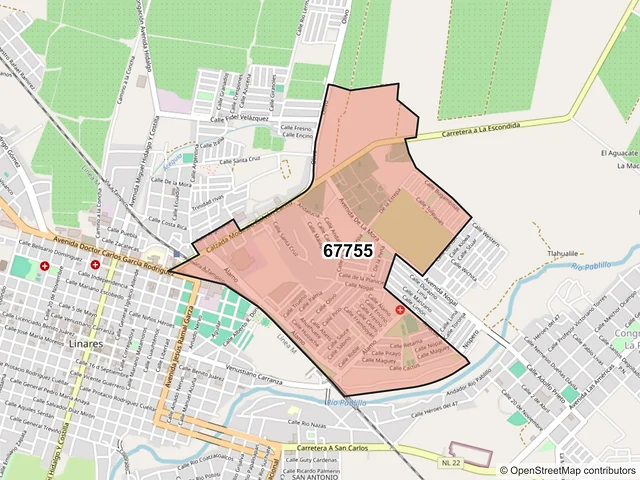 Mapa del código postal 67755, Linares, Nuevo León