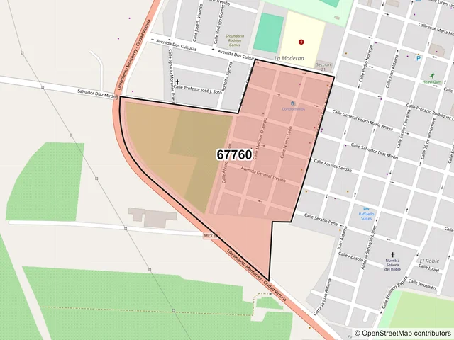 Mapa del código postal 67760, Linares, Nuevo León