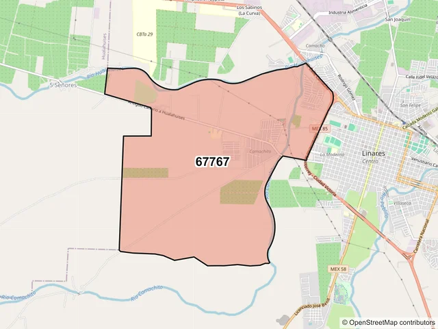 Mapa del código postal 67767, Linares, Nuevo León