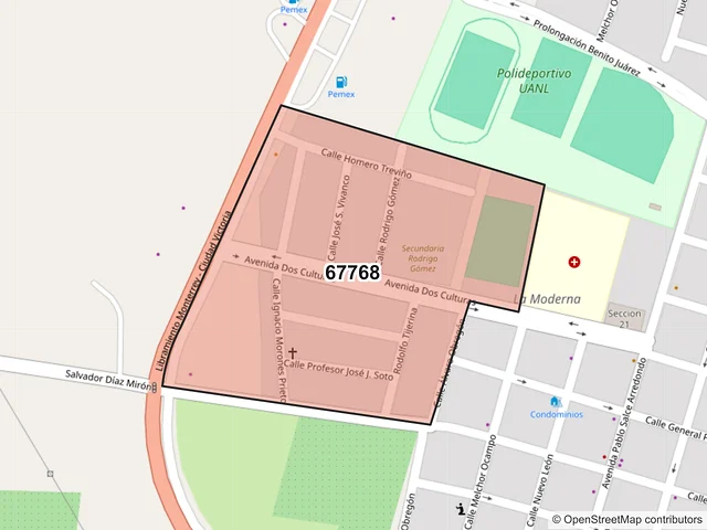 Mapa del código postal 67768, Linares, Nuevo León